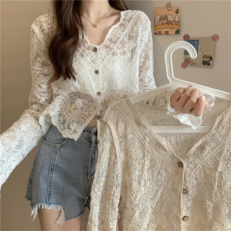 V-neck Long Sleeve Crochet Summer Cardigan 2024
