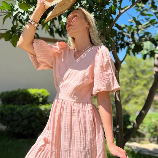 Muslin 100% Cotton Gauze V-Neck Long Dress, pink color, front-side angle