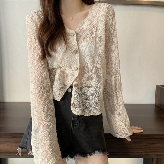 V-neck Long Sleeve Crochet Summer Cardigan 2024