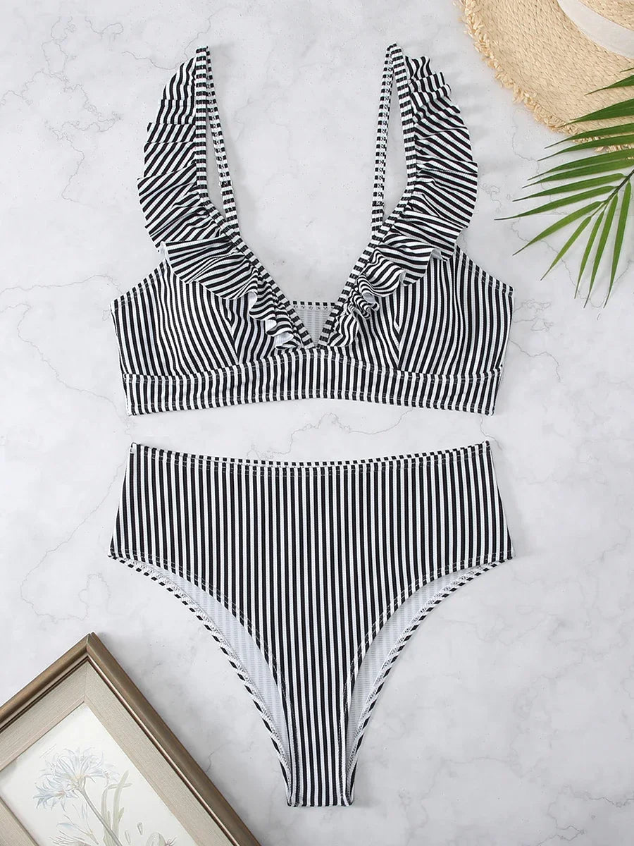 Fashion Striped Ruffle Bikini Swimsuit Women 2024