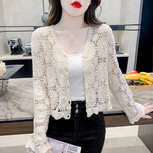 Fashion Hollow Out Long Sleeve V-neck Cardigan 2024