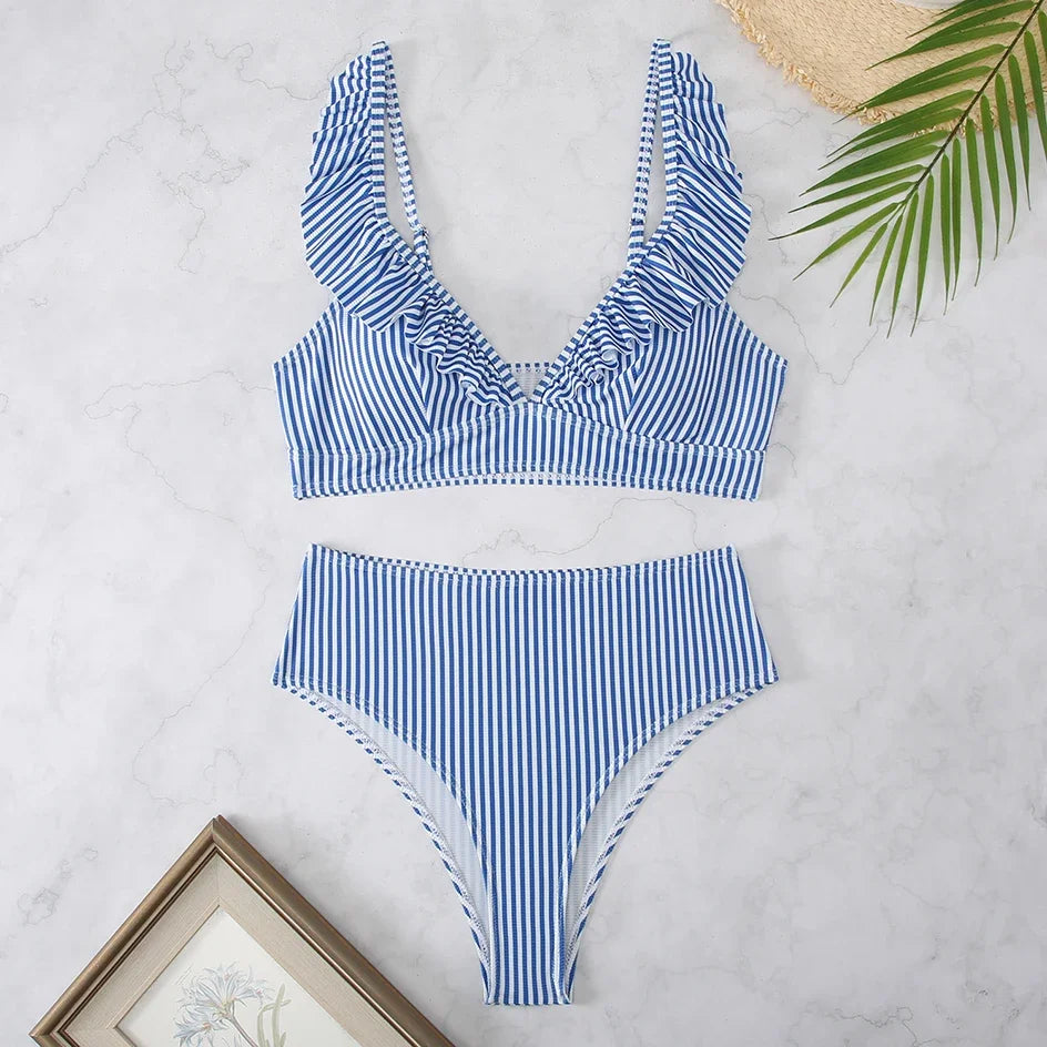 Fashion Striped Ruffle Bikini Swimsuit Women 2024