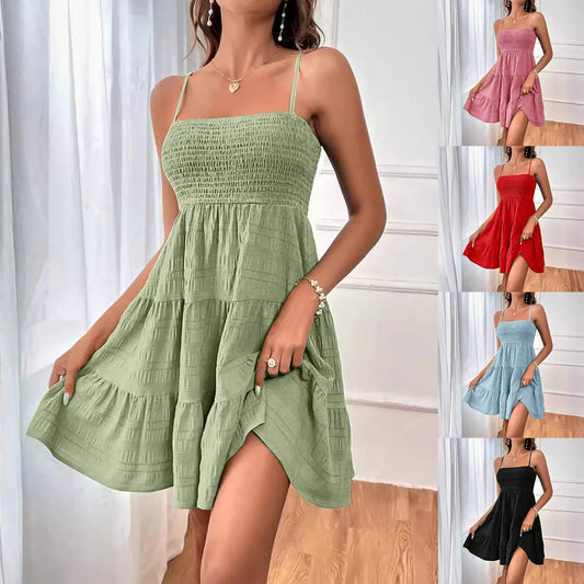 Fashion Solid Ruffle Sleeveless Summer Dress 2024