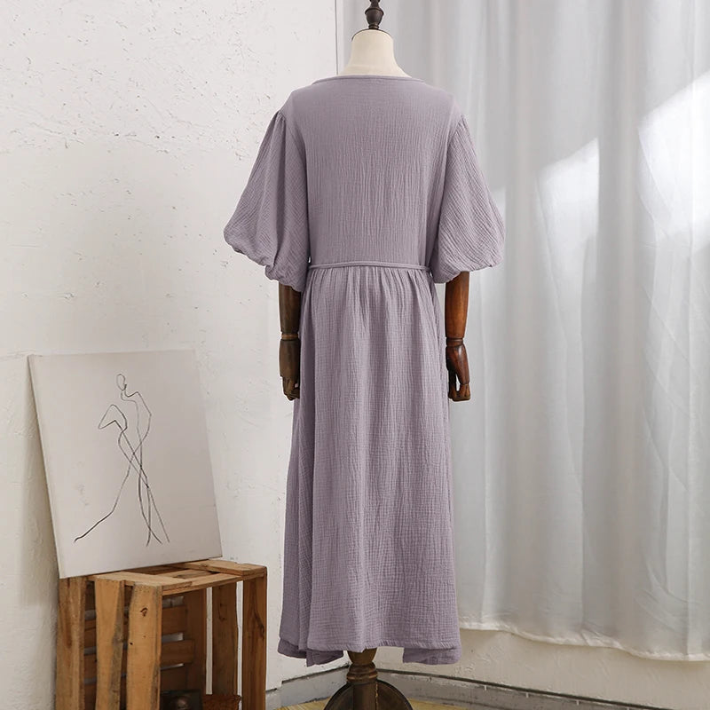 Muslin 100% Cotton Gauze V-Neck Long Dress , color light purple, bach angle