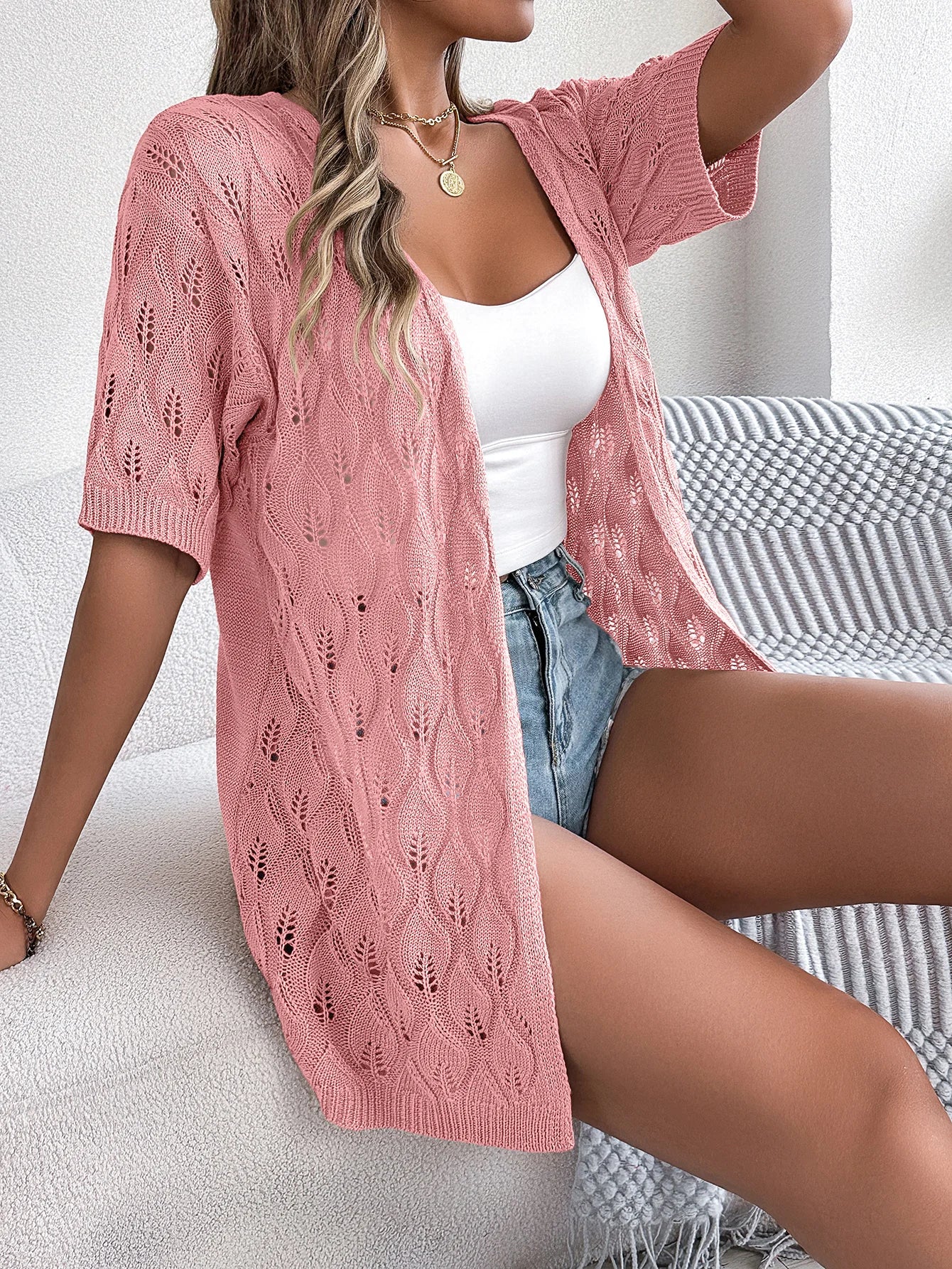 Fashion Elegant Leaf Hollow Short Sleeved Cardigan 2024