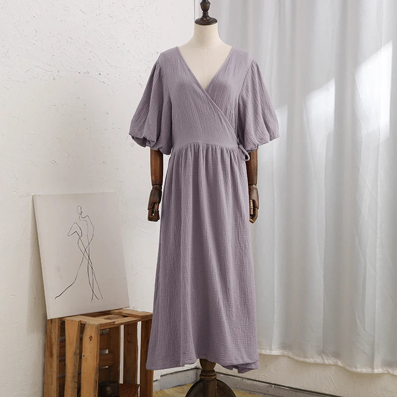 Muslin 100% Cotton Gauze V-Neck Long Dress , color light purple , on mannequin 