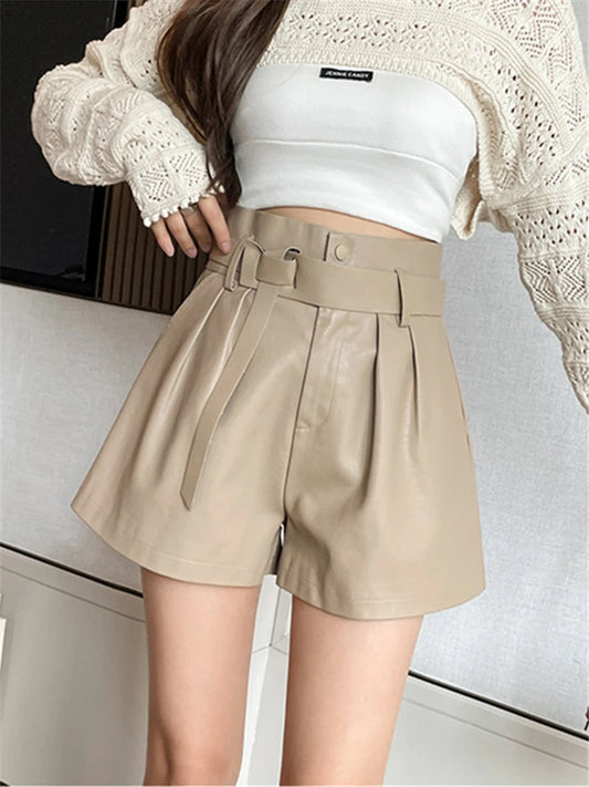 Fashion Women's Leather Shorts with Belt 2024 High Quality