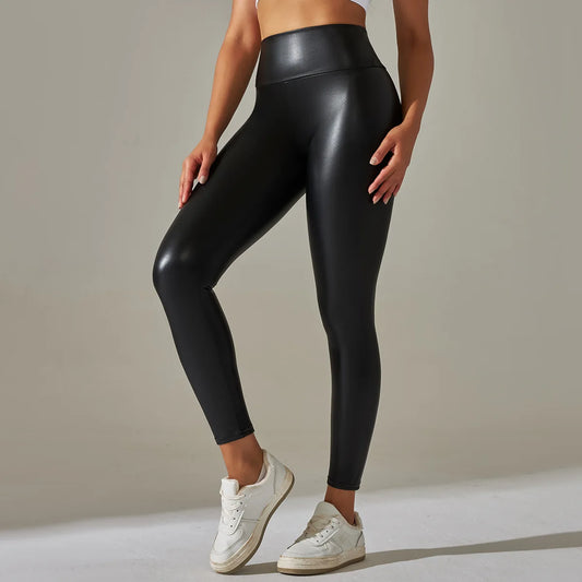 Women Black High Waist Leather Pants 2024