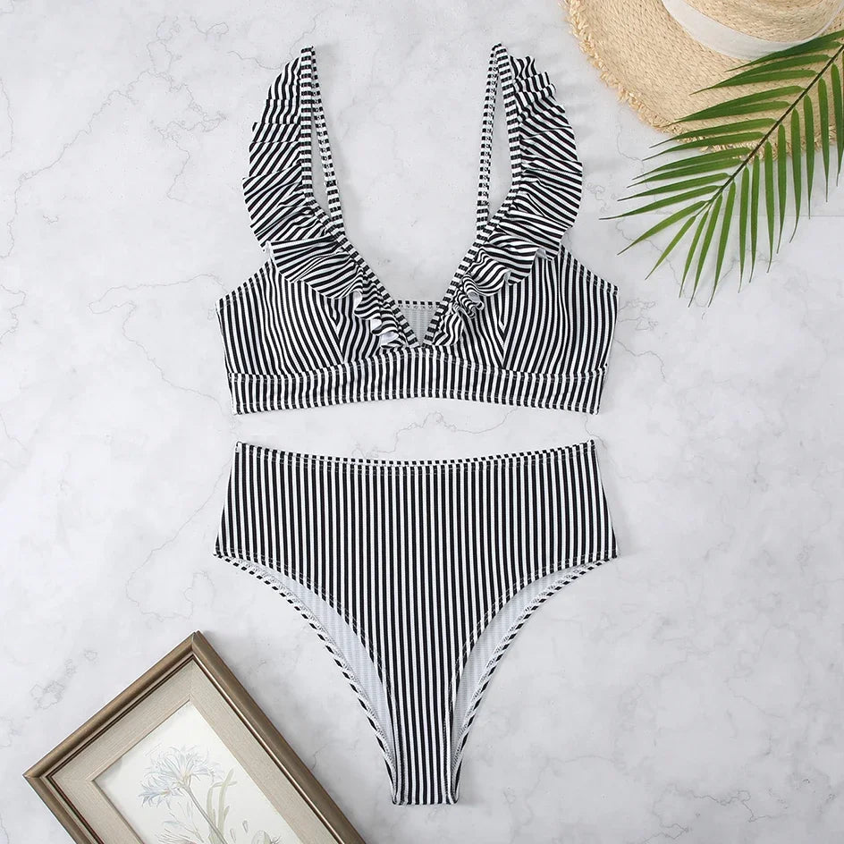 Fashion Striped Ruffle Bikini Swimsuit Women 2024