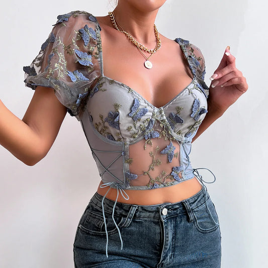 Fashion New Puff Sleeve Crop Top Women 2024