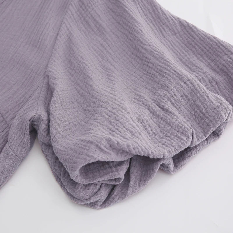 Muslin 100% Cotton Gauze V-Neck Long Dress, color light purple, detail-close up of material 